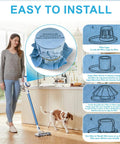 Illustration showing installation steps for 8 Pack Reusable Wet Dry Vac Disc Filters With Retaining Bands For 5 Gallon And Larger Shop Vacuums