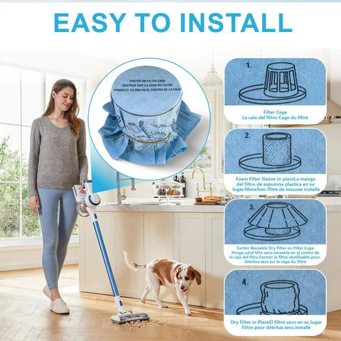 Illustration showing installation steps for 8 Pack Reusable Wet Dry Vac Disc Filters With Retaining Bands For 5 Gallon And Larger Shop Vacuums