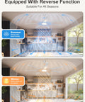 Top Shelf 84 Inch Industrial Ceiling Fan With Seven Heavy Duty Blades And Integrated Overhead Light Pumping Out 11000 Cfm For Shops Garages And High Ceilings In Classic Silver showing airflow directions for summer and winter.