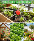 246 Piece 1 Quarter Inch Drip Irrigation Fittings Kit in use across garden beds, greenhouse, lettuce patch, and a backyard garden