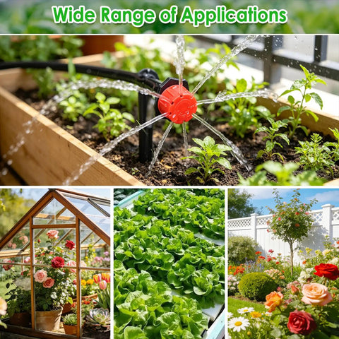 246 Piece 1 Quarter Inch Drip Irrigation Fittings Kit in use across garden beds, greenhouse, lettuce patch, and a backyard garden