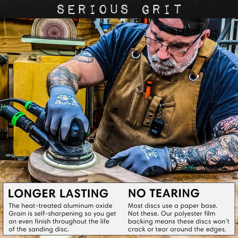 Carpenter using Festool sander with 6-Inch 49-Hole 220 Grit Hook And Loop Sanding Discs for smooth finishes on wood surface.