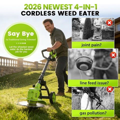 Man using Cordless Weed Wacker With Wheels 4 In 1 Electric Weed Eater Brush Cutter Edger And Trimmer on lawn