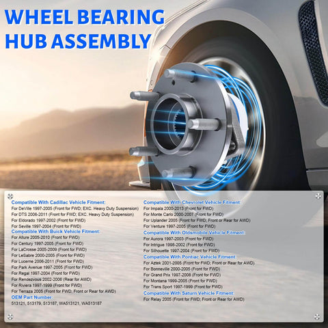 2 Pack Front Wheel Hub Bearing Assembly 513121 5-Lug, compatible with Buick Allure, Cadillac DTS, Chevy Impala, Monte Carlo.