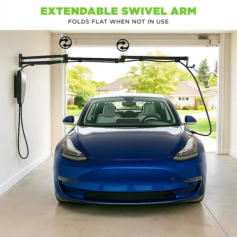Heavy Duty Ev Cord Holder With Wall Mount Design And Adjustable Boom Arm To Tame Those Messy Level 2 Charging Cables And Keep Your Garage Floor Totally Clear In Matte Black, featuring extendable swivel arm.