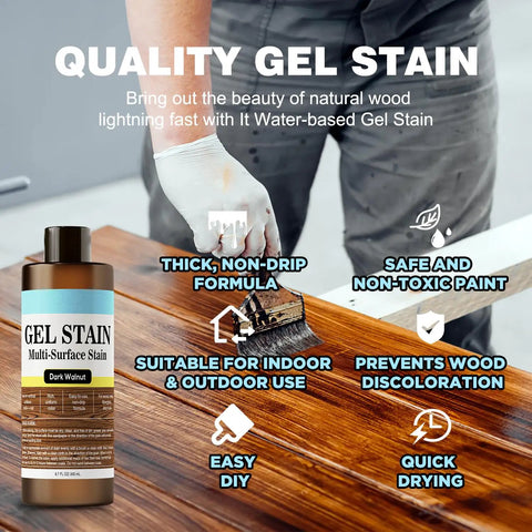 Top Shelf Gel Wood Stain For Furniture And Outdoor Projects Fast Drying Natural Matte Finish applied with brush on wood surface.