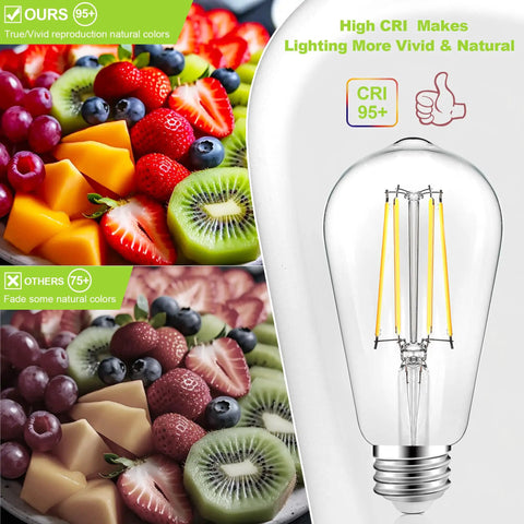 Vintage LED Edison Bulbs ST58 6W Equivalent 60W High Brightness Daylight 4000K 95 Plus CRI 900 Lumens E26 Medium Base Clear Glass 6 Pack