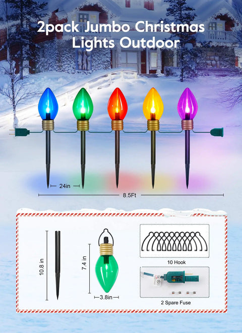 Two Pack Jumbo C9 Christmas Pathway Lights For Outdoor Decor, 17 Feet Total With Ten Multicolor LED Bulbs, Stakes Included