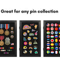 Compact Wall Mounted Pin Display Case Black 15 By 8.5 Inch Collector Showcase Rack Holds Enamel Badges Medals And Treasures with various pins.