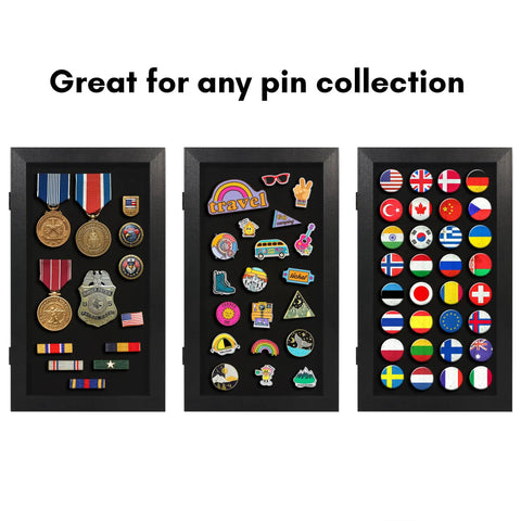 Compact Wall Mounted Pin Display Case Black 15 By 8.5 Inch Collector Showcase Rack Holds Enamel Badges Medals And Treasures with various pins.