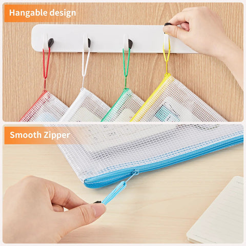 Colorful A4 Zipper Mesh Document Pouches 24 Pack Set In 10 Colors Waterproof Storage Bags shown hanging and with zipper close-up.