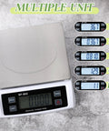 Heavy Duty Digital Kitchen Scale With 66Lb Capacity For Baking And Cooking Pro Grade Stainless Steel Bread Scale Large LCD Display Supports Kg G Lb Oz Pcs Tare And Hold Function Commercial Style showing multiple unit displays.