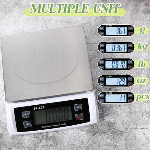 Heavy Duty Digital Kitchen Scale With 66Lb Capacity For Baking And Cooking Pro Grade Stainless Steel Bread Scale Large LCD Display Supports Kg G Lb Oz Pcs Tare And Hold Function Commercial Style showing multiple unit displays.
