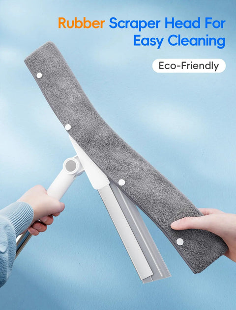Close-up of hands holding All In One Floor Squeegee Kit With Long Handle Rugged Heavy Duty Rubber Blade 3 In 1 Set Includes 2 Replacement Heads And Microfiber Cloth For Tile Garage And Concrete Streak Free Clean Up showing eco-friendly scraper head with gray microfiber cloth on a blue background.