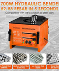 Yixbizhu 1700W Hydraulic Rebar Bender For #2 To #8 Steel Bars, featuring controls for various steel types, solid cast iron body.