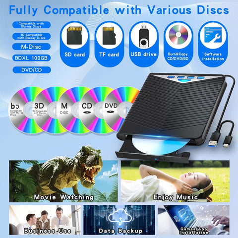 7 In 1 External Blu Ray Drive Read Write Burner With USB 3 0 And Type C Connectivity Compatible With Windows 7 11 Mac OS And PC Supports BD DVD CD M Disc Black, top view