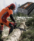 Heavy Duty 5500W Power Inverter 12V to 110V Converter With LCD Display used by worker cutting wood with chainsaw outdoors.