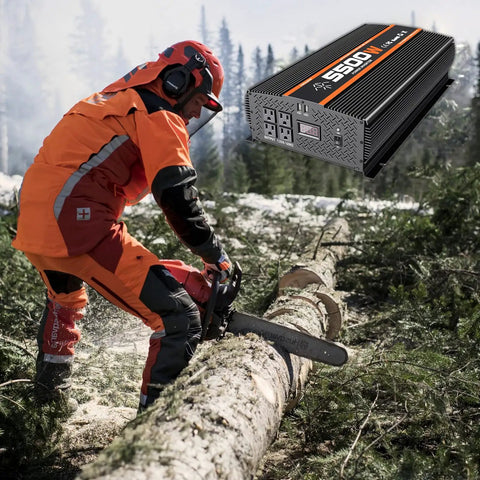 Heavy Duty 5500W Power Inverter 12V to 110V Converter With LCD Display used by worker cutting wood with chainsaw outdoors.