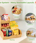 Stackable Bamboo Pantry Storage Bins Featuring Smooth Pull Out Trays showcasing various layouts in kitchen, pantry, bedroom, and bathroom.