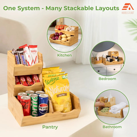 Stackable Bamboo Pantry Storage Bins Featuring Smooth Pull Out Trays showcasing various layouts in kitchen, pantry, bedroom, and bathroom.