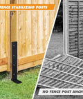 Heavy Duty Steel Fence Post Repair Kit Ground Stakes For Fast Fix Broken Wood Posts No Dig Drive In Yard Saver Bulletproof Reinforced Frame No Fuss Tool Free Setup 6 Pack Set installed beside leaning wood fence.