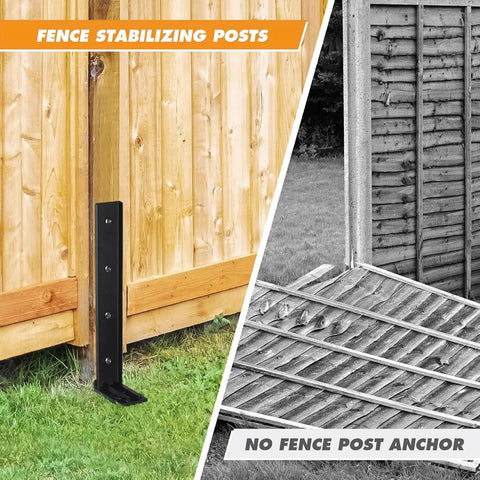 Heavy Duty Steel Fence Post Repair Kit Ground Stakes For Fast Fix Broken Wood Posts No Dig Drive In Yard Saver Bulletproof Reinforced Frame No Fuss Tool Free Setup 6 Pack Set installed beside leaning wood fence.