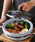 Heavy Duty Thick Granite Stone Bowl With Wood Base And Glass Lid Induction Ready Donabe Style Pot for Bibimbap Rice Bowls