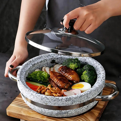 Heavy Duty Thick Granite Stone Bowl With Wood Base And Glass Lid Induction Ready Donabe Style Pot for Bibimbap Rice Bowls