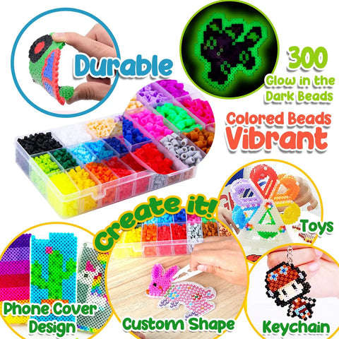 Awesome Fuse Bead Craft Kit for Kids With Pegboards and Pony Beads Pixel Art Set showing 23000 colorful beads and design examples