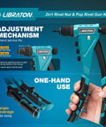 Two In One Rivet Nut And Pop Rivet Gun Kit With Eight Mandrels For Metric And SAE And Four Nose Pieces 2.4 To 4.8mm