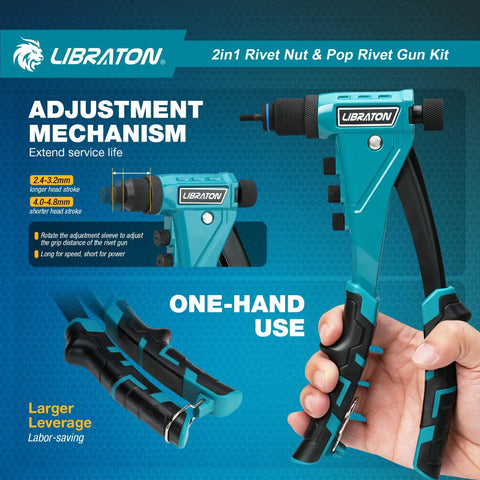 Two In One Rivet Nut And Pop Rivet Gun Kit With Eight Mandrels For Metric And SAE And Four Nose Pieces 2.4 To 4.8mm