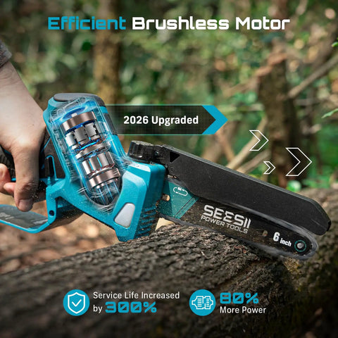 Person using 6-inch cordless power saw from Mini Chainsaw And Electric Pruning Shears Combo For Yard Work with brushless motor.