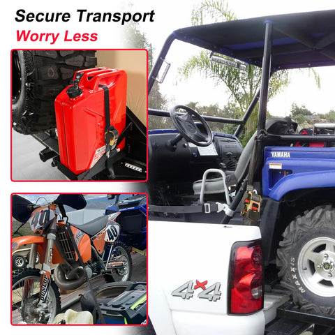 2 Pack 2 Inch Auto Retractable Ratchet Straps With S Hooks securing red fuel can and motorcycle on pickup truck
