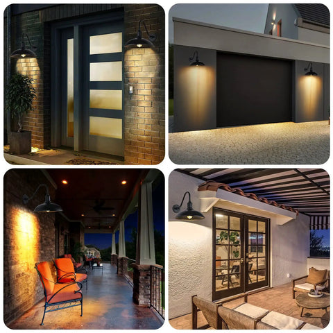 Dusk To Dawn Exterior Barn Light With Gooseneck Design For Farmhouse shown illuminating garage, patio, porch, and front door.
