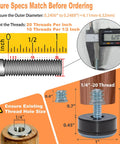 Measurement guide for 1/4-20 UNC leveling feet with PTFE bottom, showing thread size and assembly instructions.