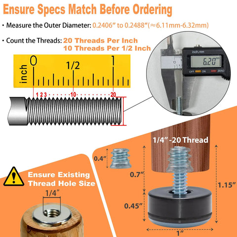 Measurement guide for 1/4-20 UNC leveling feet with PTFE bottom, showing thread size and assembly instructions.