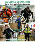 Firefighter Radio Strap And Holder With Reflective Adjustable Shoulder Mic Clip For Walkie Talkie And Two Way Radio, suitable for EMS, security, and event staff, shown in various occupations.