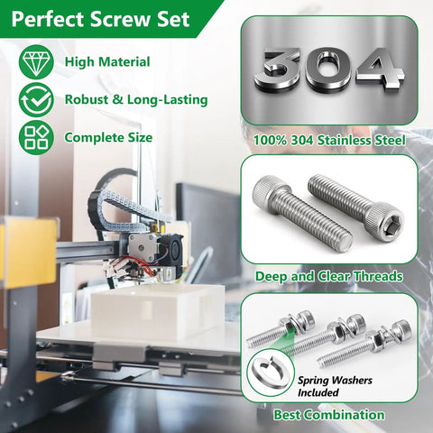 High-quality 304 stainless steel screws, nuts, and washers with close-up of detailed threads; robust and versatile fastening set.