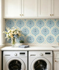 Vintage Blue Floral Damask Peel And Stick Wallpaper For Kitchen Cabinets Rad Self Adhesive Contact Paper Rolls Hella Durable Removable Victorian Traditional Decor Slick Style Easy Install in laundry room.