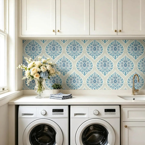 Vintage Blue Floral Damask Peel And Stick Wallpaper For Kitchen Cabinets Rad Self Adhesive Contact Paper Rolls Hella Durable Removable Victorian Traditional Decor Slick Style Easy Install in laundry room.