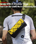 Person wearing 2.8L Waterproof Front Tube Bag For Road Gravel And Mountain Bikes, Cylindrical EVA Frame Pack With Shoulder Strap