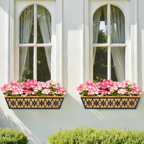 24 Inch Railing Planter Boxes 2 Pack With Adjustable Brackets And Coco Liners on window ledges with pink flowers