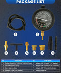 Front view of SIXIWANZI vacuum gauge automotive kit; black dial gauge with brass fittings, rubber hose, and adapters.
