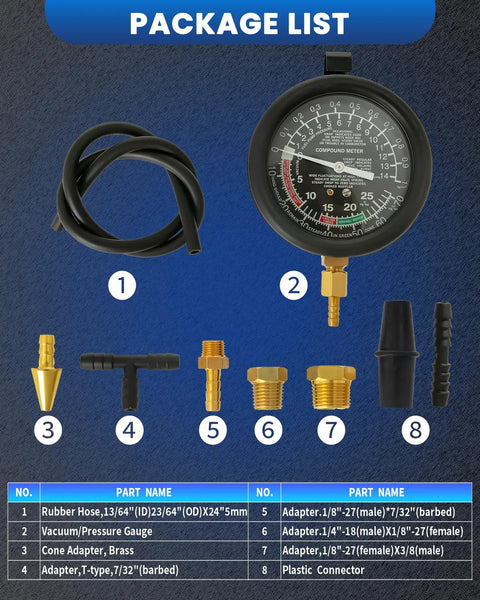 Front view of SIXIWANZI vacuum gauge automotive kit; black dial gauge with brass fittings, rubber hose, and adapters.