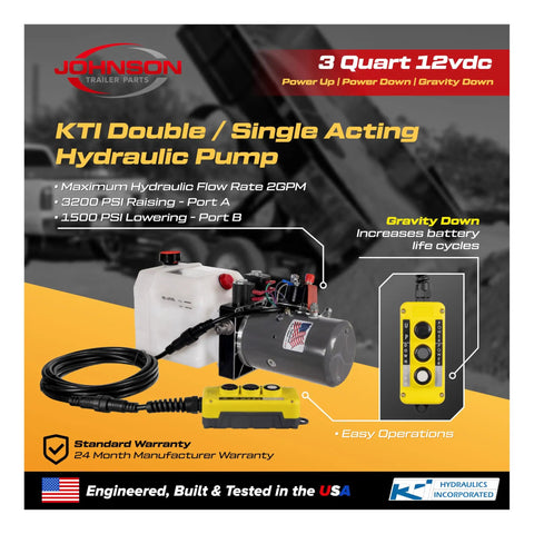 KTI double acting hydraulic pump with cables and remote control for trailers.