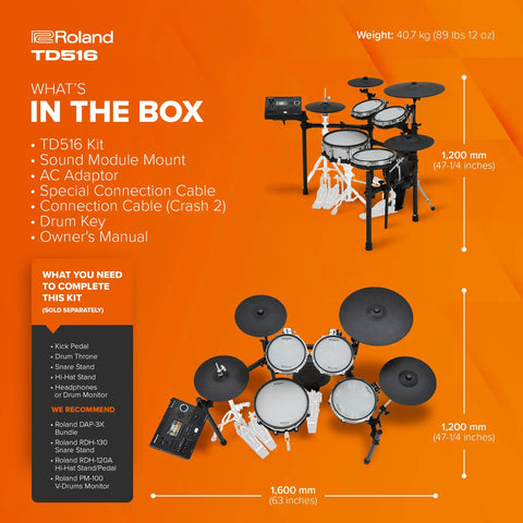 V-Drums TD516 Compact 5-Piece Electronic Drum Kit With V51 Module components and dimensions illustration