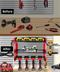 Before and after view of heavy duty power tool organizer with charging station, 3 layer wall mount rack, screwdriver tray, red, installed.