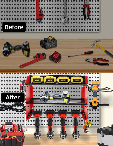 Before and after view of heavy duty power tool organizer with charging station, 3 layer wall mount rack, screwdriver tray, red, installed.