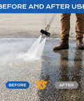 Before and after use of Extendable Power Washer Wand Kit With Dual Nozzles And Two Spray Jets cleaning pavement.