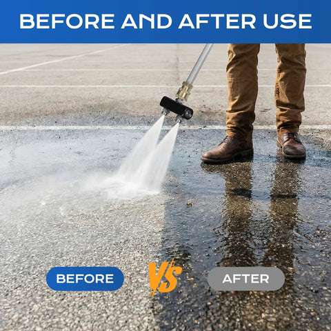 Before and after use of Extendable Power Washer Wand Kit With Dual Nozzles And Two Spray Jets cleaning pavement.